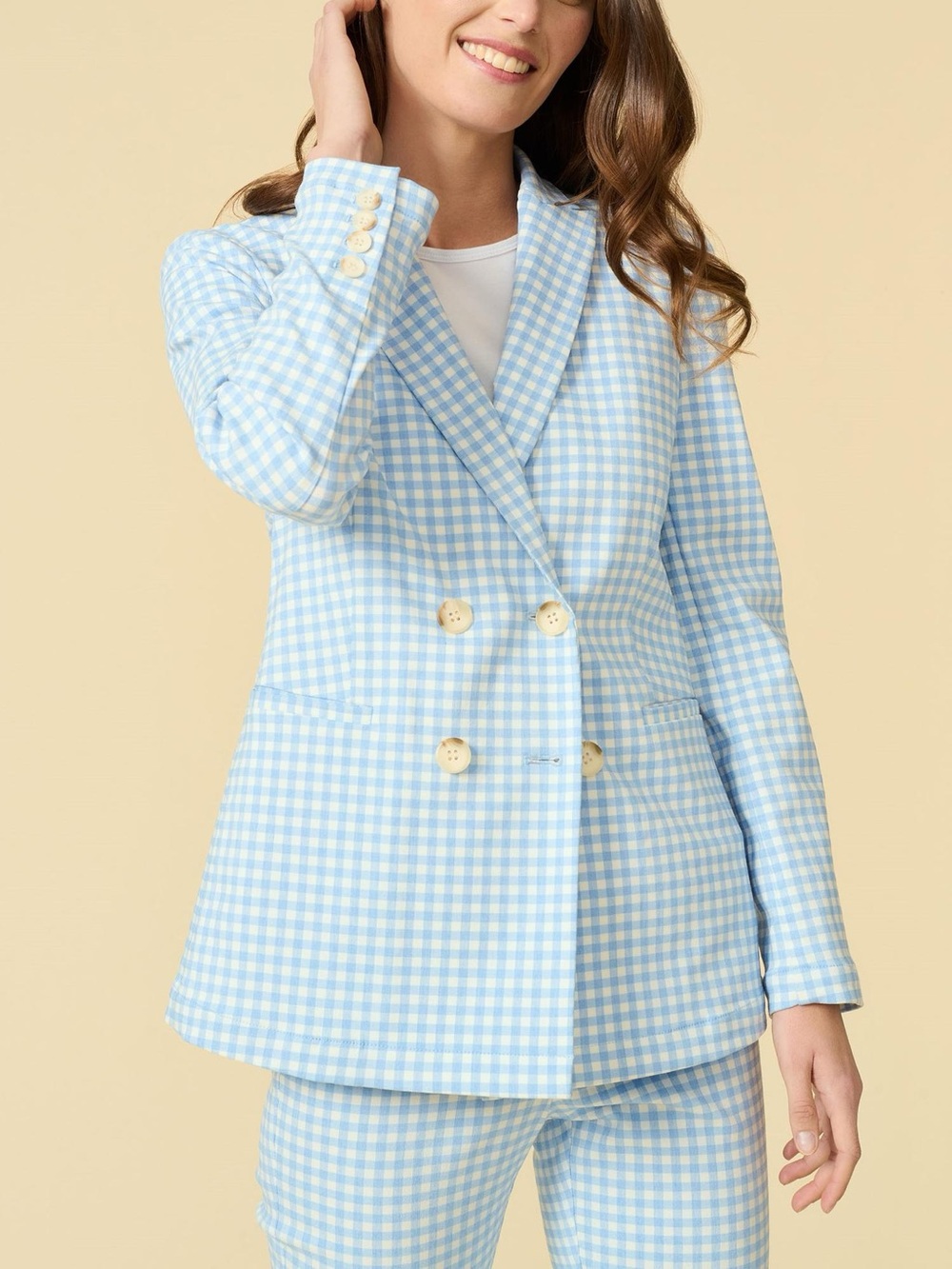 J. McLaughlin Light Blue Gingham Double-Breasted Blazer